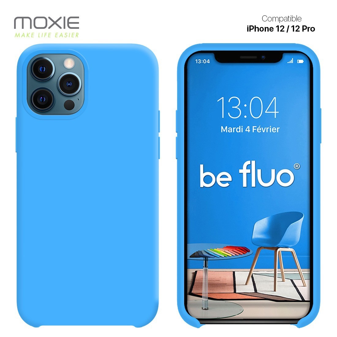 Moxie Coque silicone iPhone 12 / 12 Pro 6.1" [BeFluo] - Intérieur Microfibre, Coque Anti-chocs et Anti-rayures pour iPhone 12 / 12 Pro 6.1" - Bleu Clair
