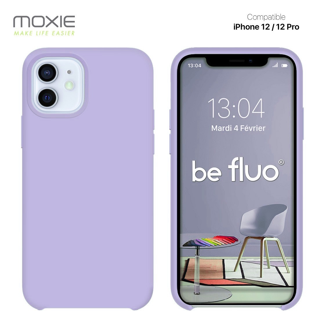 Moxie Coque silicone iPhone 12 / 12 Pro  [BeFluo Full Protect] - Intérieur Microfibre, Coque Anti-chocs et Anti-rayures pour iPhone 12 / 12 Pro - Lilas