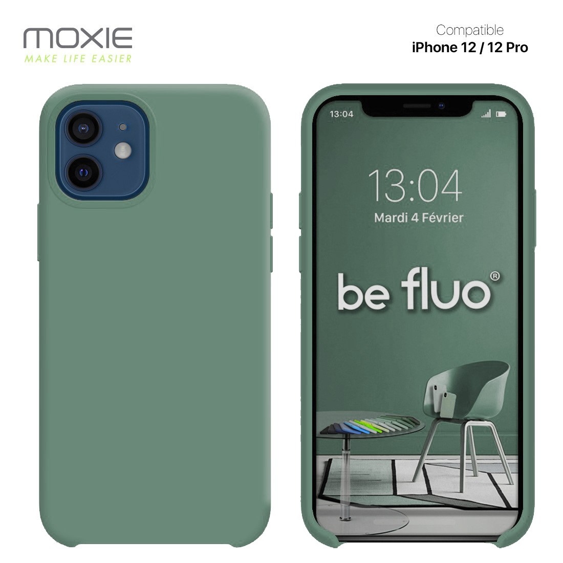 Moxie Coque silicone iPhone 12 / 12 Pro  [BeFluo] - Intérieur Microfibre, Coque Anti-chocs et Anti-rayures pour iPhone 12 / 12 Pro - Pin vert