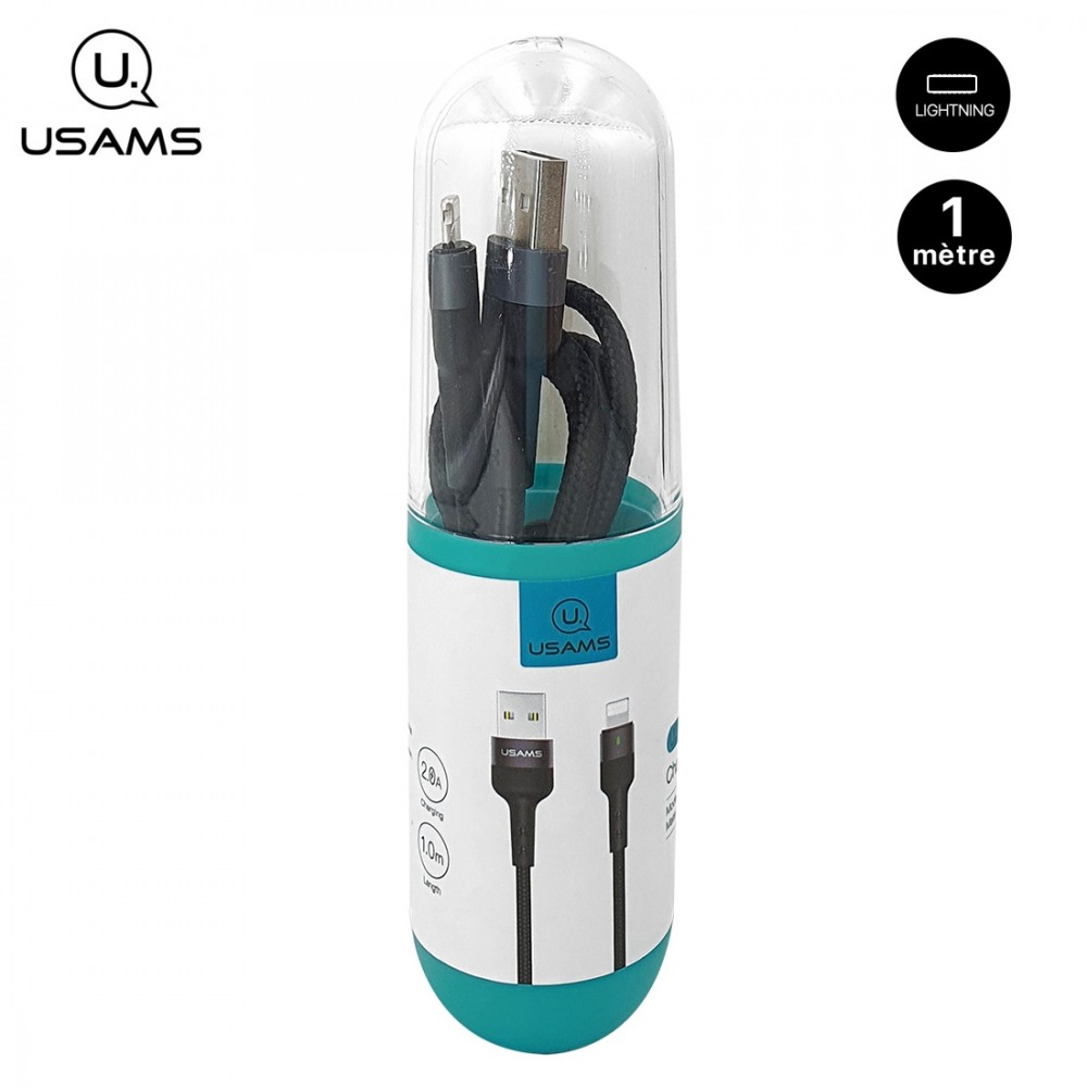 Cable tressé USAMS en tube 1M Lightning avec indicateur de charge pour Présentoir 30 pièces