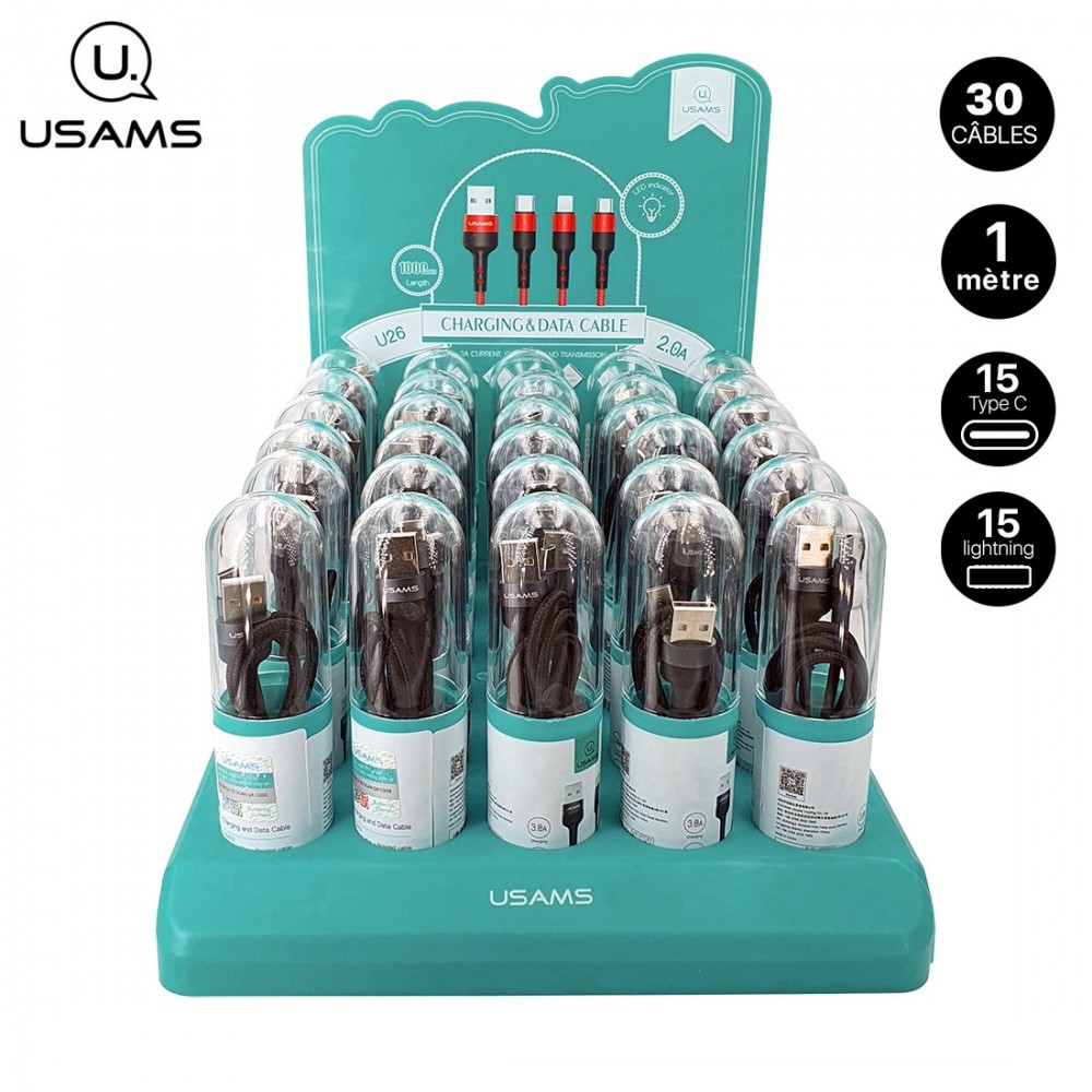 Présentoir 30 câbles tressés USAMS U26 15 Type C / 15 lightning - 1M avec indicateur de charge
