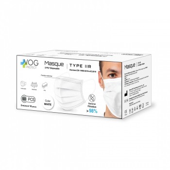 Boite de 50 Masques 3 PLIS chirurgicaux Type IIR - norme EN14683 - coloris Blanc