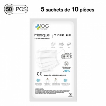 Boite de 50 Masques 3 PLIS chirurgicaux Type IIR - norme EN14683 - coloris Blanc