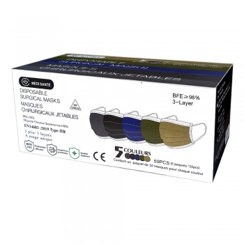 Boite de 50 masques multi-couleur chirurgicaux EN14683 TYPE IIR - 5 couleurs foncés- Sachet de 10
