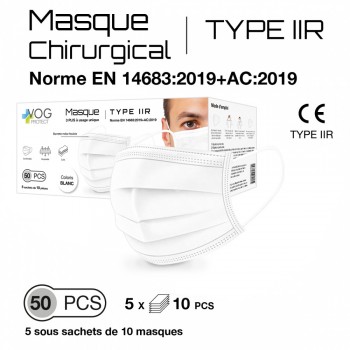 Boite de 50 Masques 3 PLIS chirurgicaux Type IIR - norme EN14683 - coloris Blanc