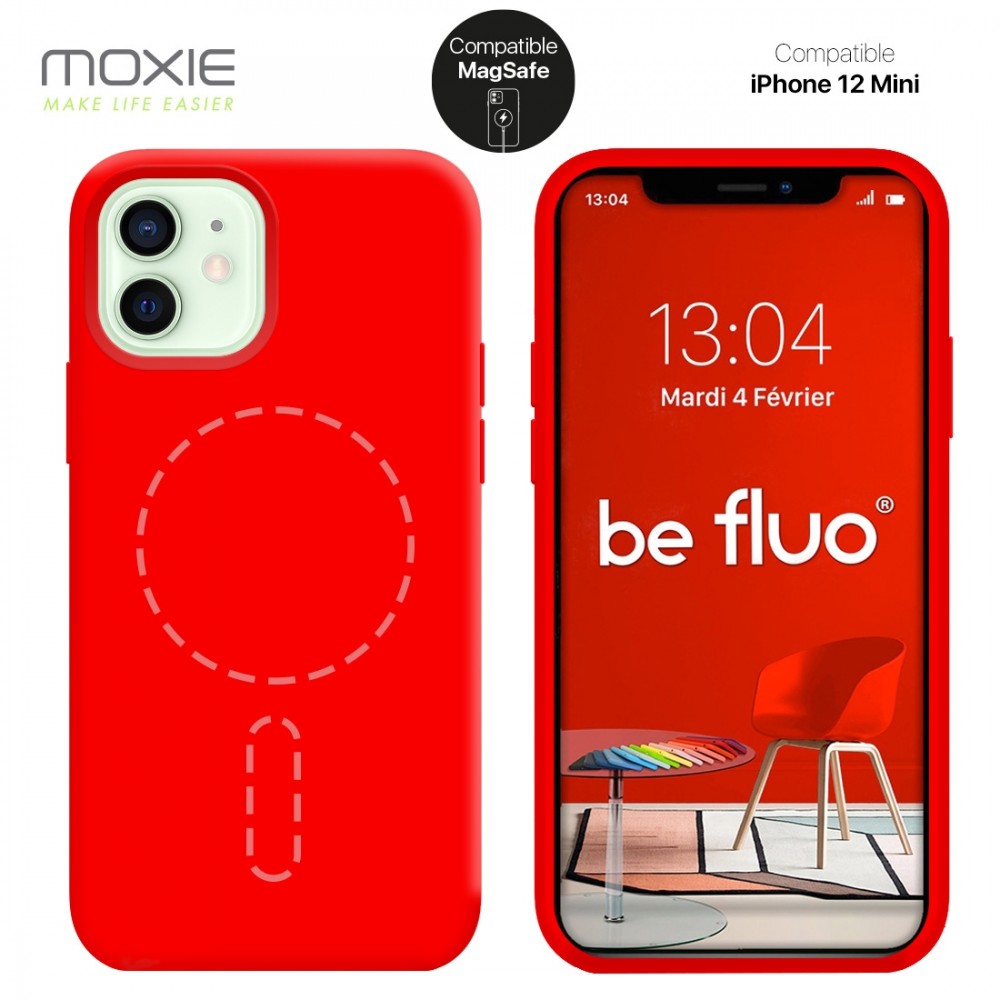 Moxie Coque silicone iPhone 12 Mini [BeFluo] avec aimant compatible MagSafe - Intérieur Microfibre - Rouge