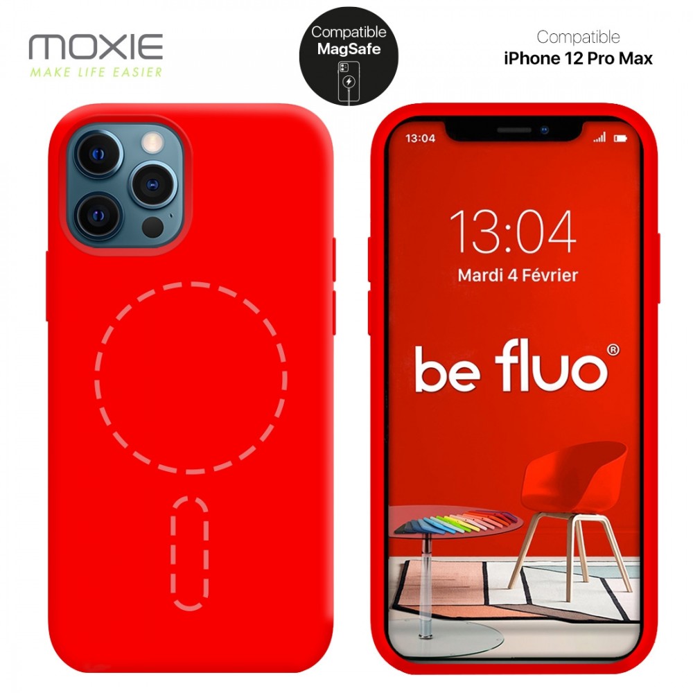 Moxie Coque silicone iPhone 12 Pro Max [BeFluo] avec aimant compatible MagSafe - Intérieur Microfibre - Rouge