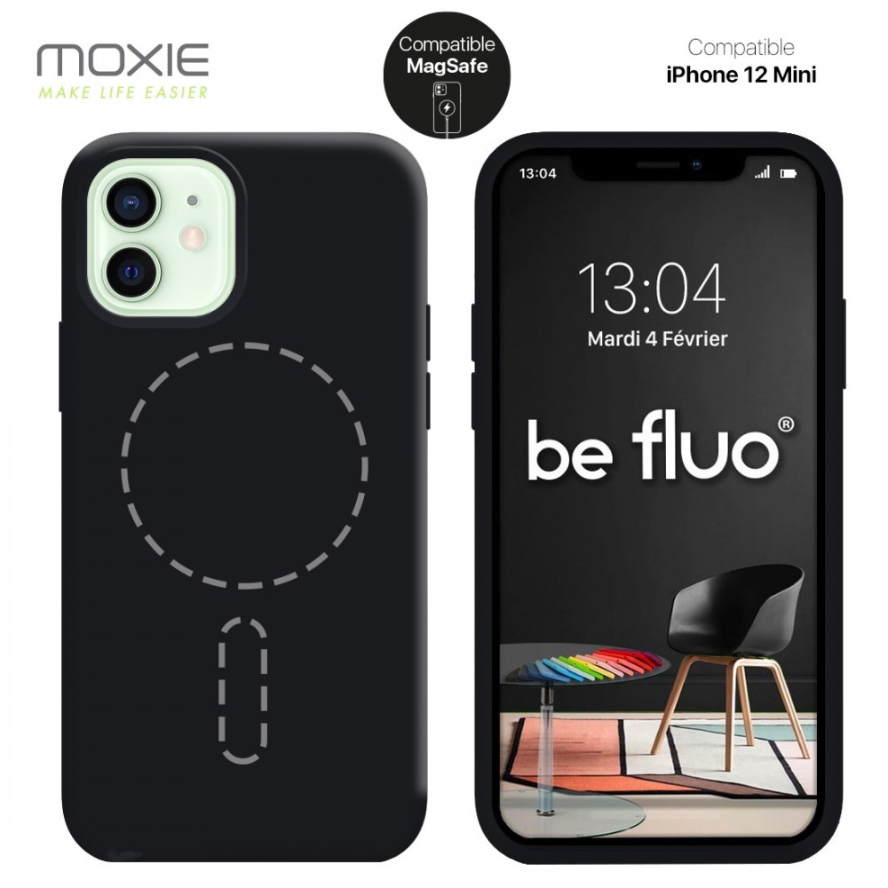 Moxie Coque silicone iPhone 12 Mini [BeFluo] avec aimant compatible MagSafe - Intérieur Microfibre - Noir