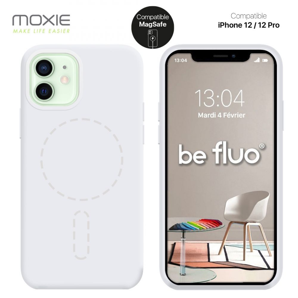 Moxie Coque silicone iPhone 12/12 Pro [BeFluo] avec aimant compatible  MagSafe - Intérieur Microfibre - Blanc