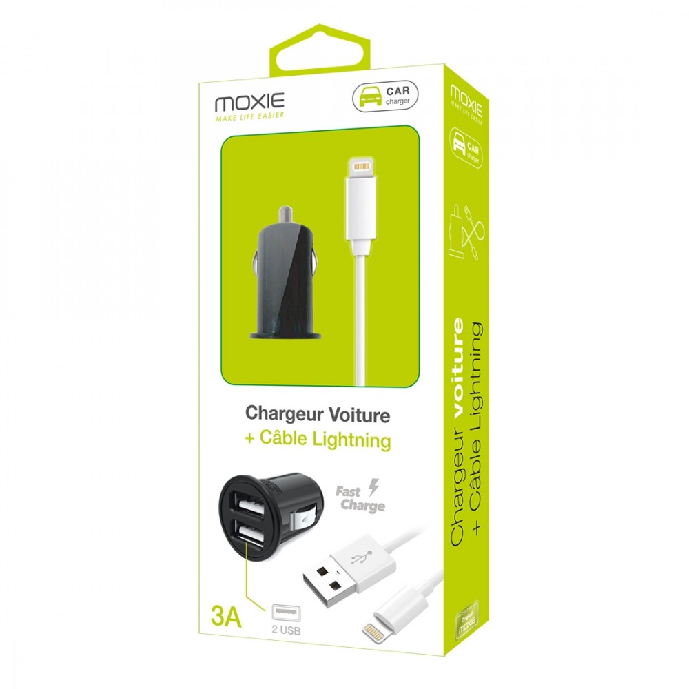 Câble data Blanc compatible pour iPhone 6/6+/5/5S/5C + Chargeur  allume-cigare entrée USB Blisté