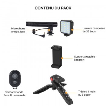 kit vidéo pour Smartphone comprenant 1 trepied ,1 micro jack et 1 lumière LED