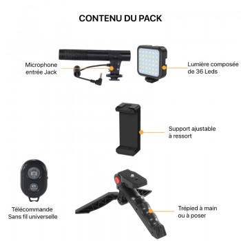 kit vidéo pour Smartphone comprenant 1 trepied ,1 micro jack et 1 lumière  LED