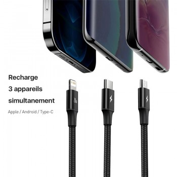 Câble 3 en 1 Moxie Triofast en nylon tressé avec entrée Type C et sortie Lightning / Micro-USB / USB Type-C Fast charge 3A -Noir