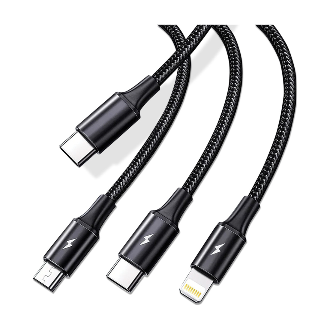 Câble USB 3 En 1 Tressé Renforcé 1.2m - USB-C, Micro-USB, Lightning - Noir Universel