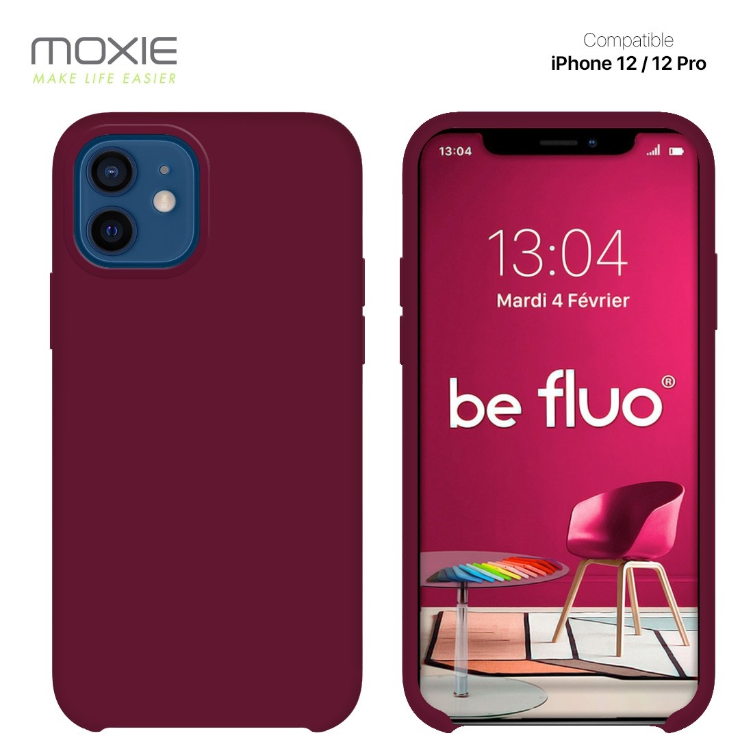 Moxie Coque iPhone 12/12 Pro [BeFluo] Coque Silicone Fine et Légère pour iPhone 12/12 Pro, Intérieur Microfibre, Coque Anti-chocs et Anti-rayures pour iPhone 12/12 Pro - Lie de vin
