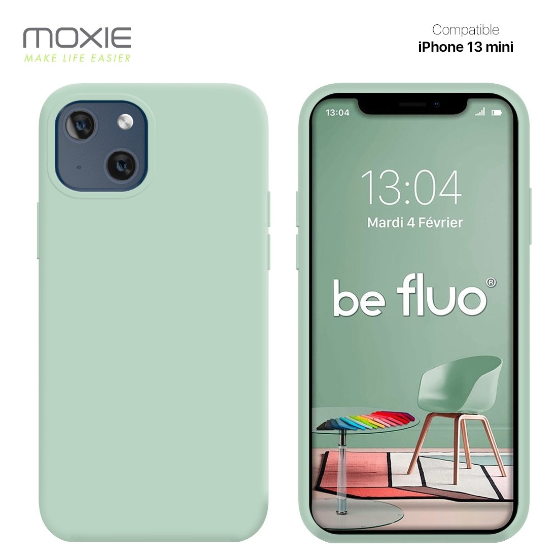 Moxie Coque iPhone 13 Mini [BeFluo] Coque Silicone Fine et Légère pour iPhone 13 Mini, Intérieur Microfibre, Coque Anti-chocs et Anti-rayures pour iPhone 13 Mini - Menthe