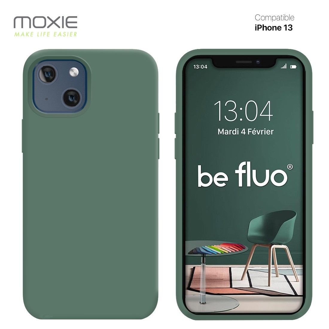 Moxie Coque iPhone 13 [BeFluo] Coque Silicone Fine et Légère pour iPhone 13 , Intérieur Microfibre, Coque Anti-chocs et Anti-rayures pour iPhone 13 - Pin vert