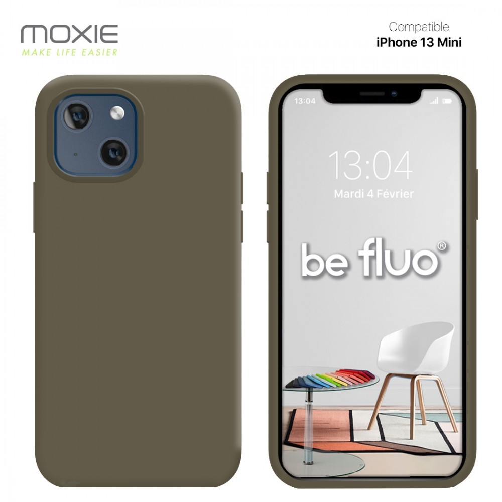 Moxie Coque iPhone 13 Mini [BeFluo] Coque Silicone Fine et Légère pour iPhone 13 Mini, Intérieur Microfibre, Coque Anti-chocs et Anti-rayures pour iPhone 13 mini- Marron gris