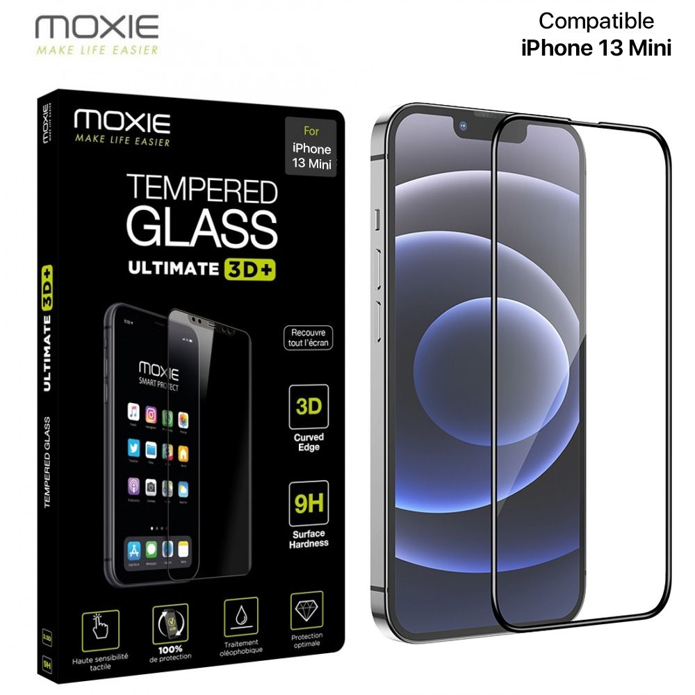 Moxie Verre Trempé iPhone 13 Mini [Ultimate 3D+] Protection d'écran  Complète en Verre Trempé 9H Ultra Clair, Anti-rayures et Anti-traces de  doigts, Compatible Face ID pour iPhone 13 Mini