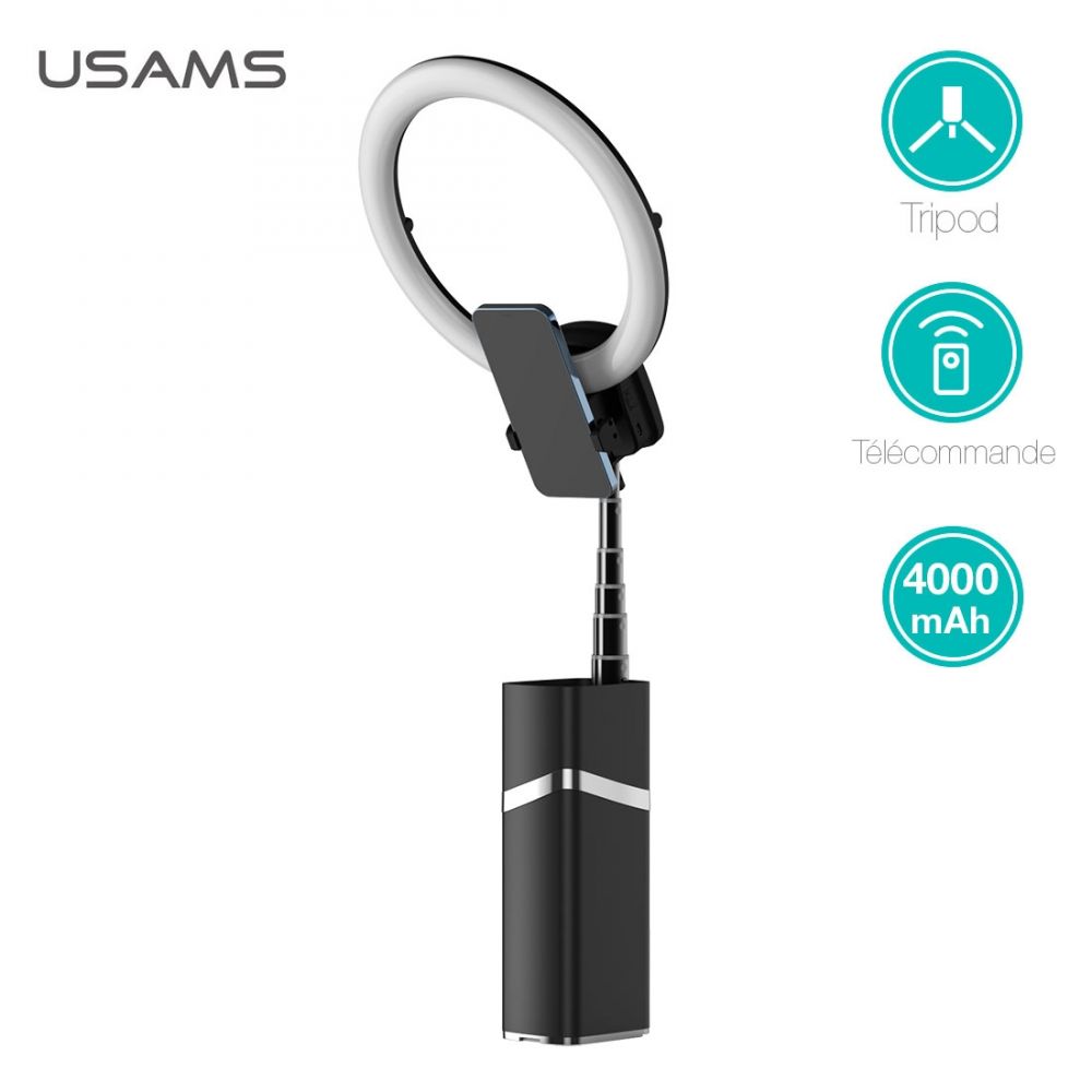 Perche Selfie LED USAMS ZB250 sur Pied téléscopique jusqu'à 1.93m et  batterie de 4000 mAh