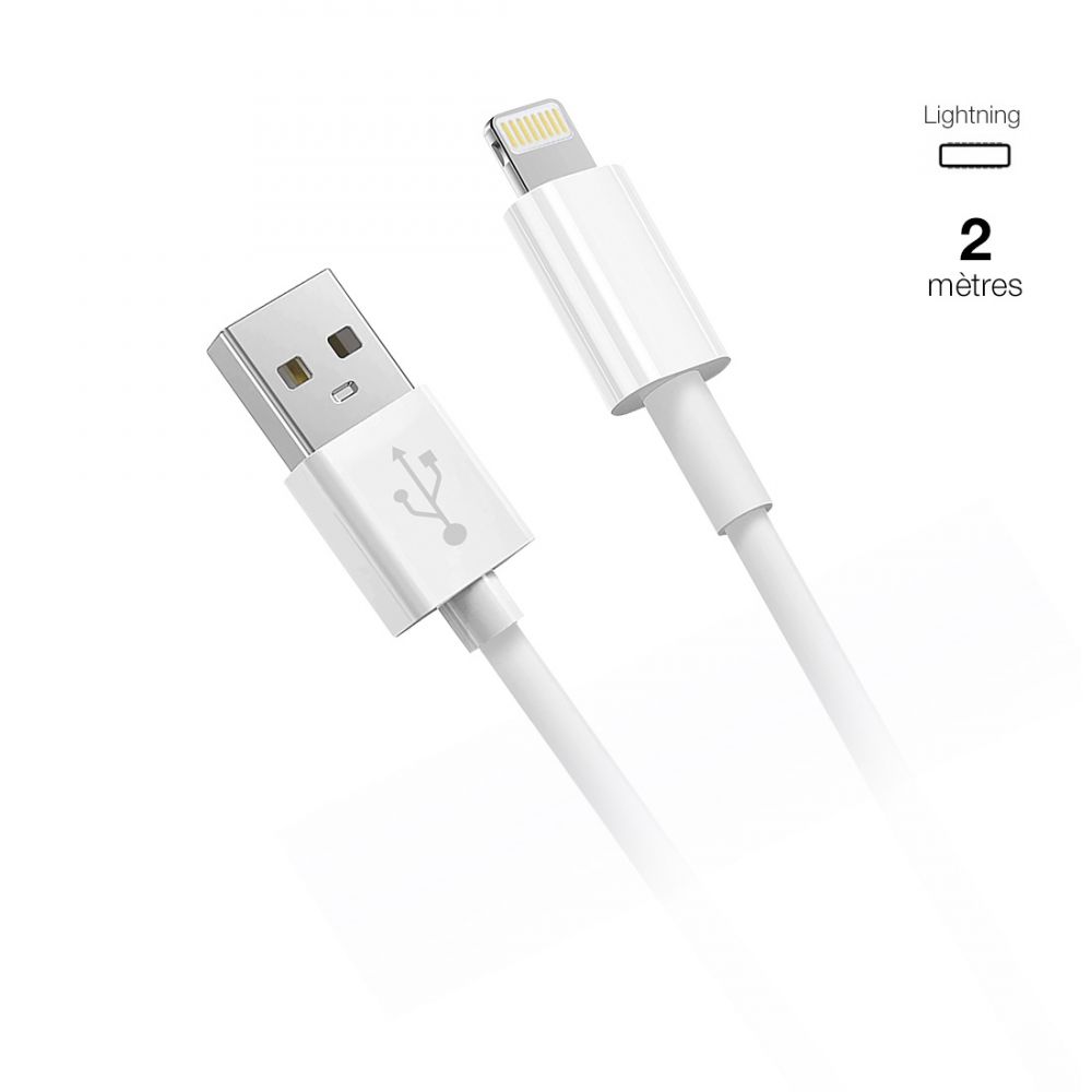 Câble data Blanc compatible 2m pour iPhone 7 à 14 - sans packaging