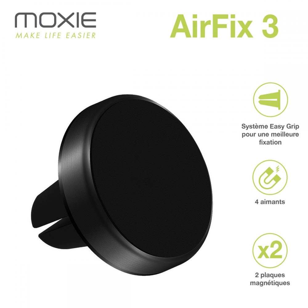 Support Voiture Universel Moxie AirFix 3 Push + Clip Grille de Ventillation avec 2 plaques magnétiques, Compatible GPS Coyote - Noir