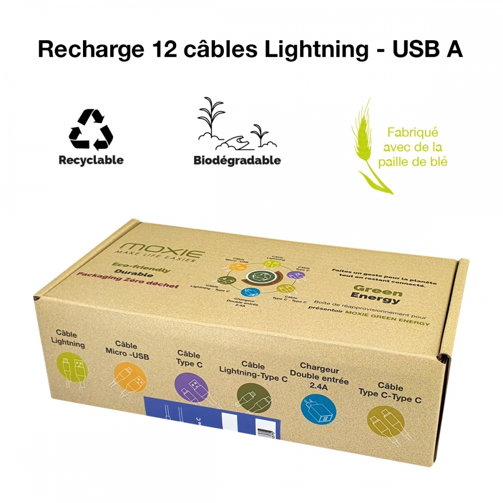 Recharge de 12 cables Recyclés - Green Energy -  USB vers lightning