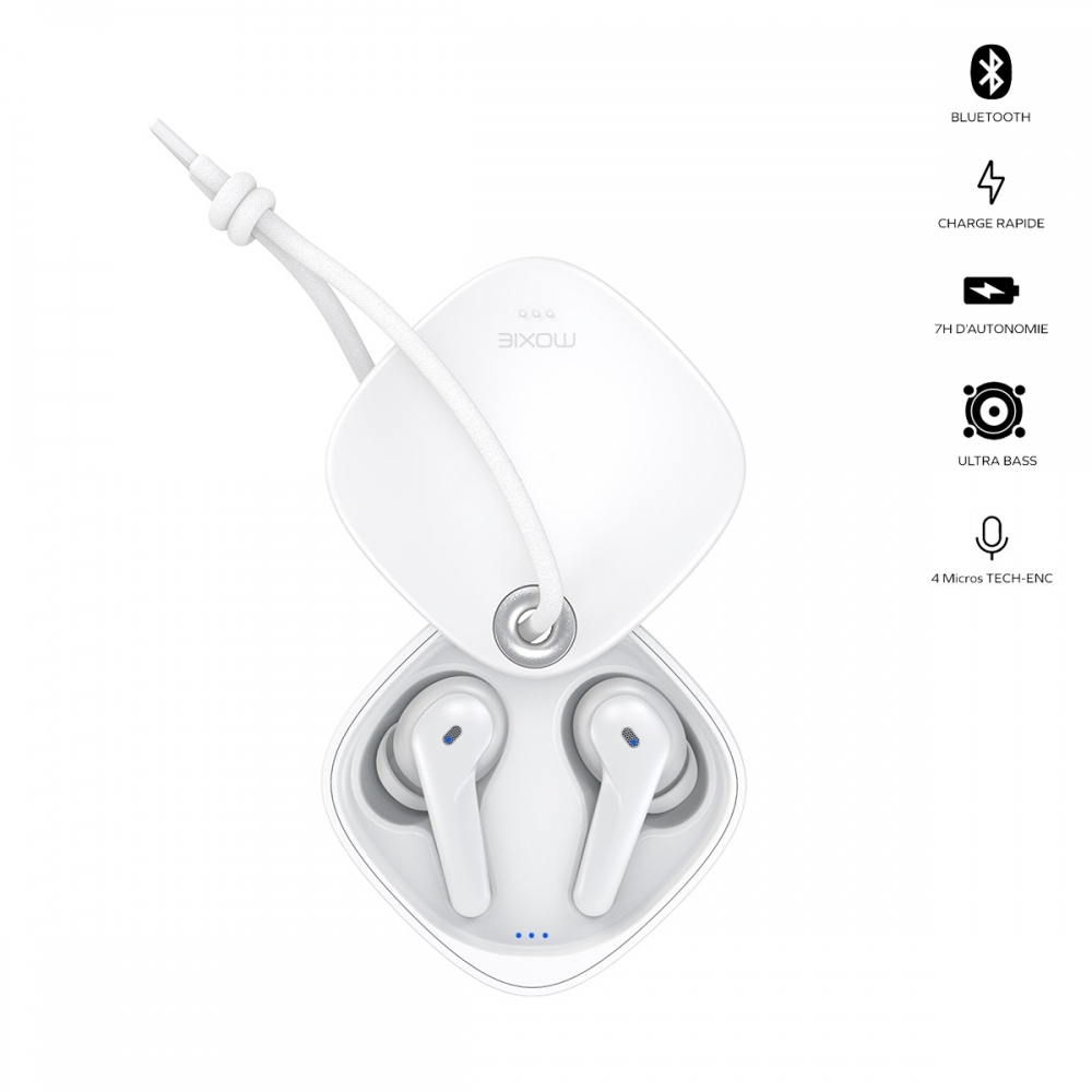 Oreillette bluetooth stéréo Moxie Minitwin avec boitier coulissant - blanc