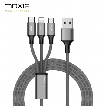 Moxie Câble 3 en 1  Lightning / Micro-USB / USB Type-C 3A 1.2M en Nylon tressé - Argent