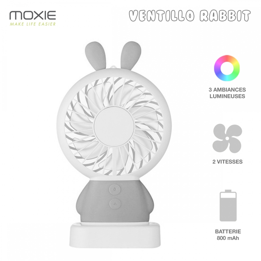 Moxie Mini Ventilateur [Rabbit Fan] Ventilateur Portatif à 2 Vitesses, Batterie de 800mAh Intégrée, Ventilo Lumineux avec Dragonne, Oreilles de Lapin - Gris