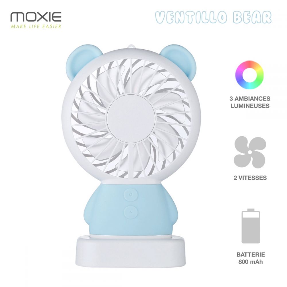 Moxie Mini Ventilateur [Bear Fan] Ventilateur Portatif à 2 Vitesses,  Batterie de 800mAh Intégrée, Ventilo Lumineux avec Dragonne, Oreilles d' ourson - Bleu