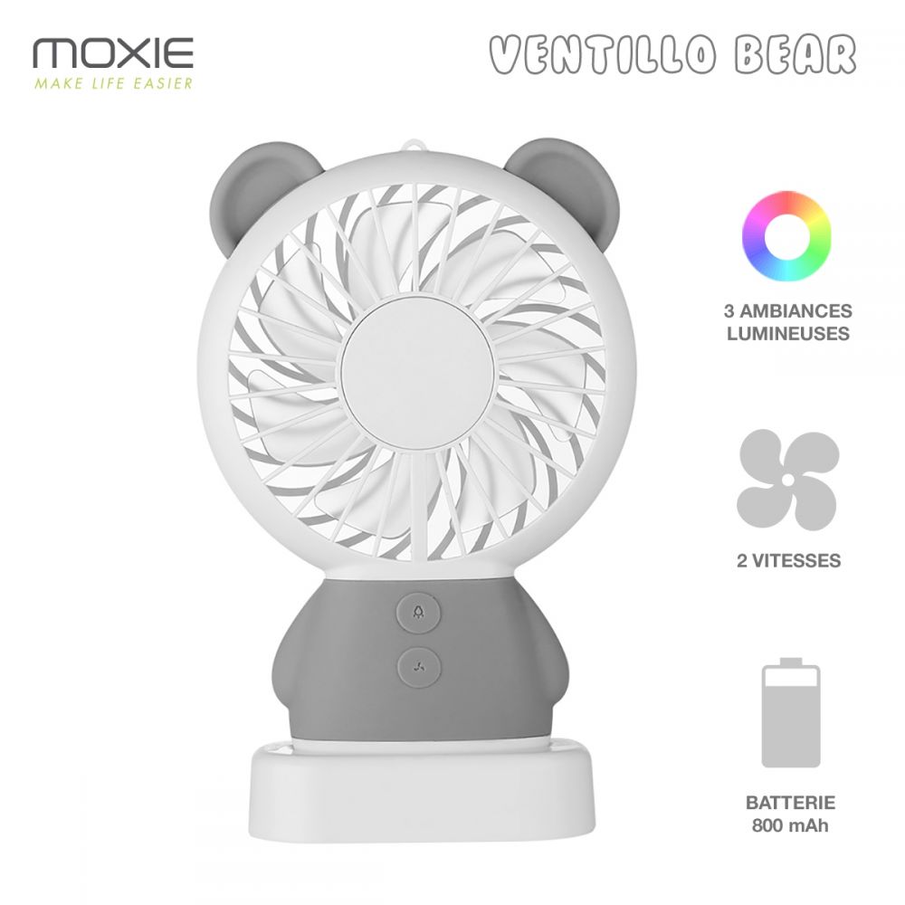Moxie Mini Ventilateur [Bear Fan] Ventilateur Portatif à 2 Vitesses,  Batterie de 800mAh Intégrée, Ventilo Lumineux avec Dragonne, Oreilles  d'ourson - Gris