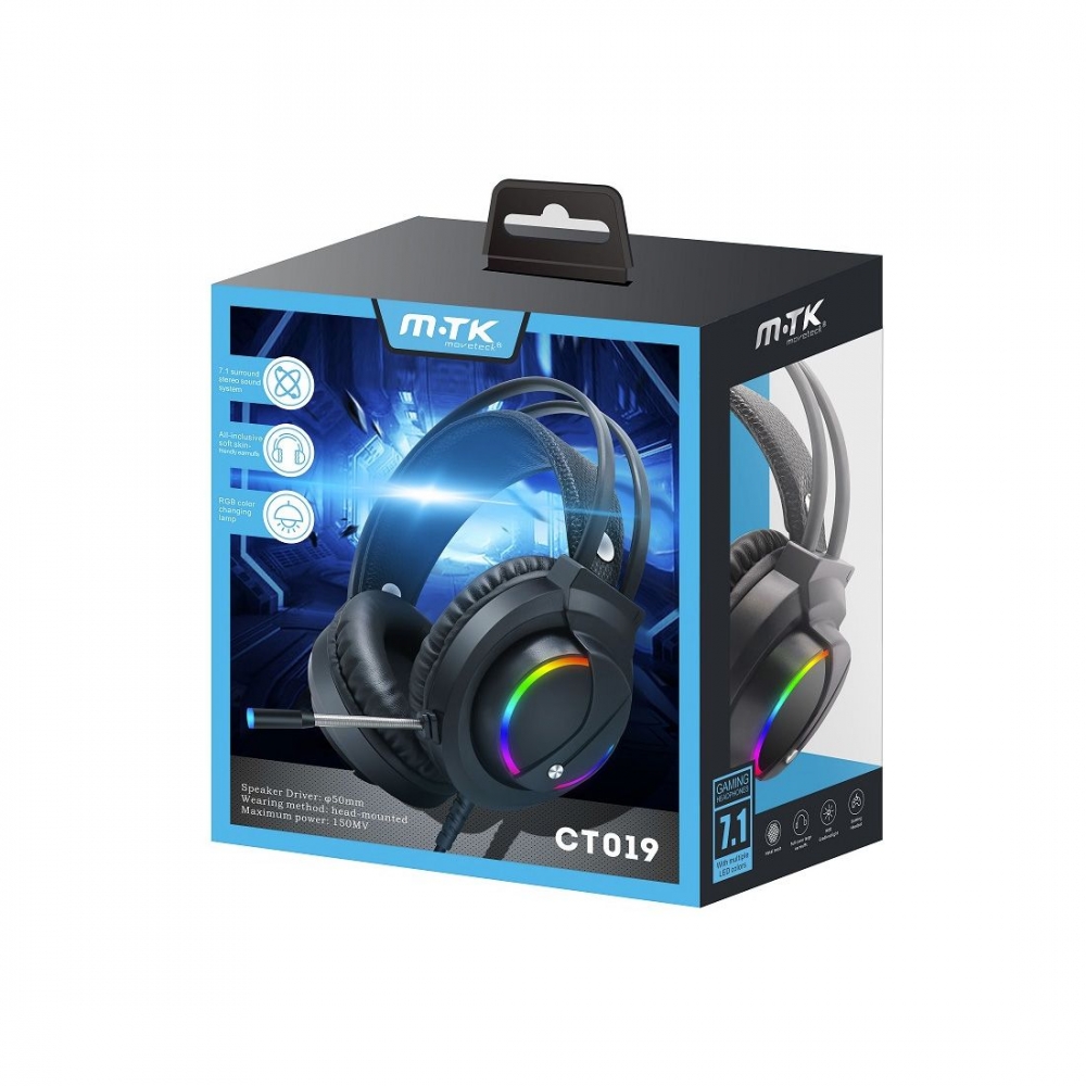 Casque gaming filaire noir avec micro deporté et Led - cable 2.2M - CT019