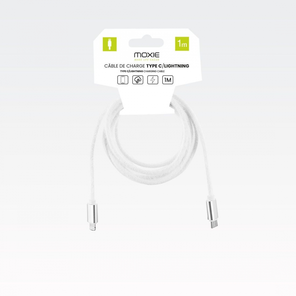 Cable de charge en tissus aspect laine-Type-C lightning 1.5M - Blanc