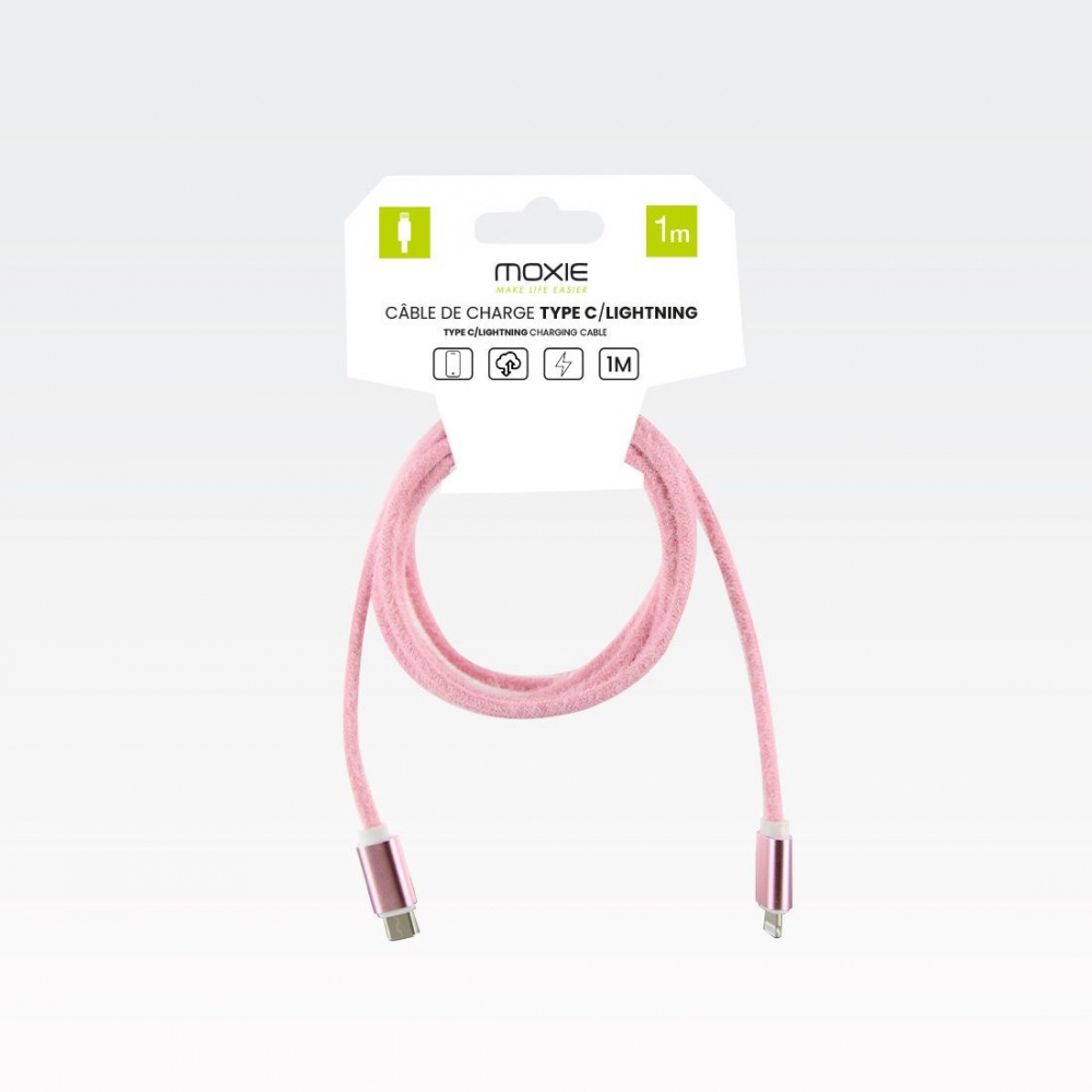 Cable de charge en tissus aspect laine Type-C vers lightning - 1.5M - Rose