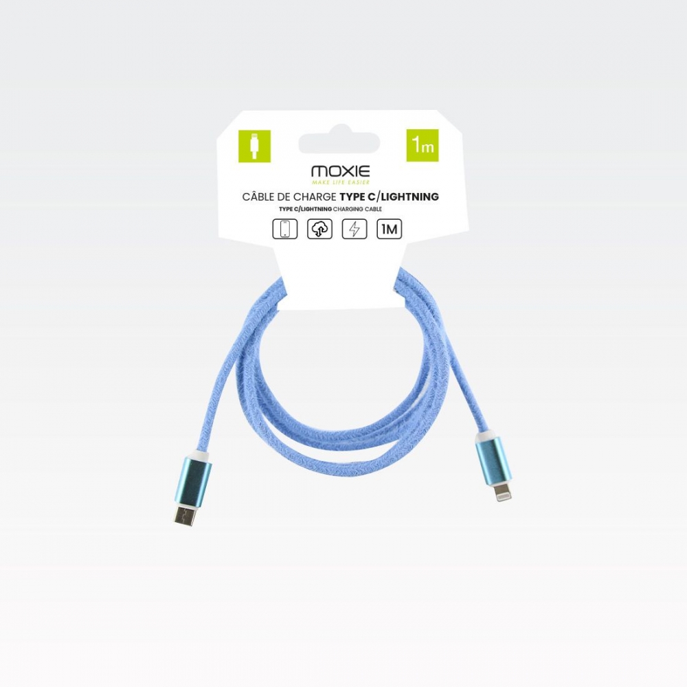 Cable de charge en tissus aspect laine-Type-C vers lightning -1.5M - Bleu