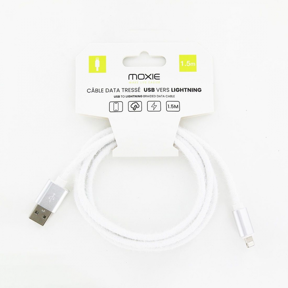 Cable de charge en tisSus aspect laine-USB-A lightning-1.5M- Blanc