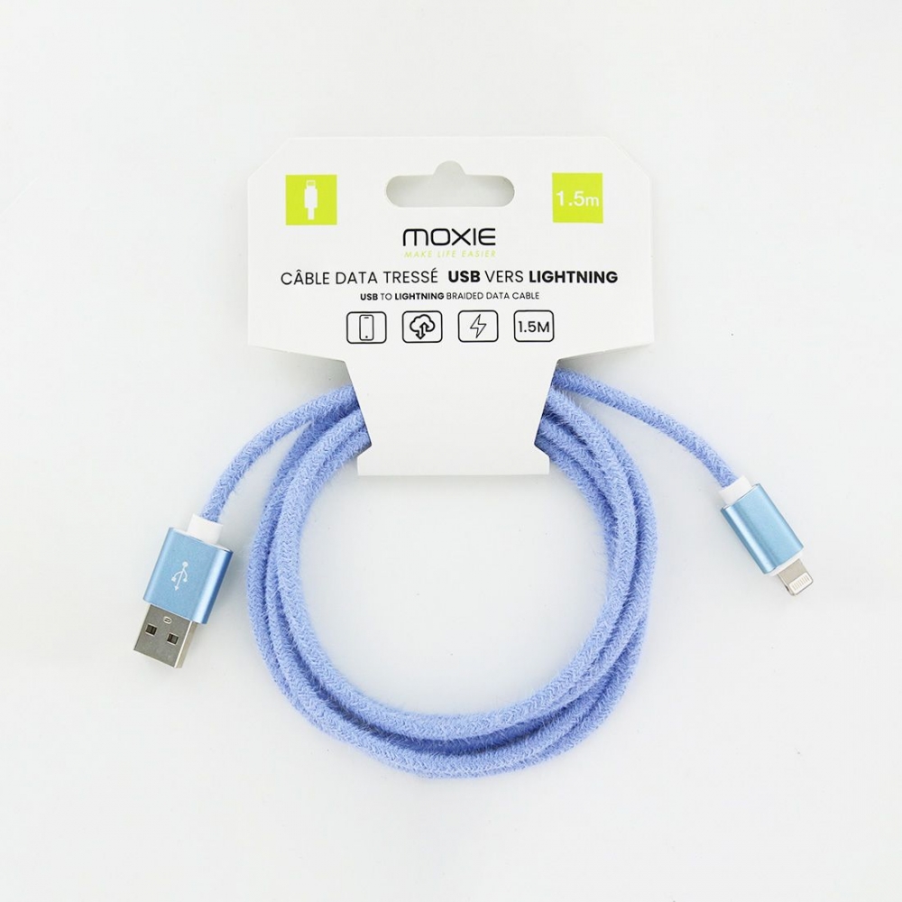 Cable de charge en tissus aspect laine -USB lightning-1.5M-BLEU
