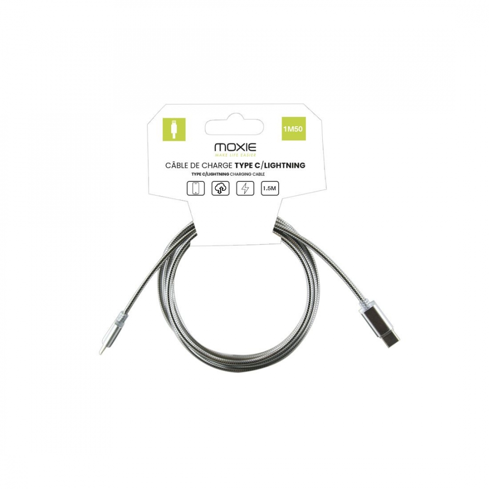 Cable de charge en metal Type-C vers lightning - 1.5M - Argent