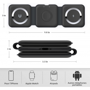 Chargeur sans fil 3 en 1 15W magsafe pour smartphone / Airpods et Apple watch - noir