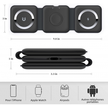 Achetez Chargeur Sans Fil H15B 3 Dans 1 15W Dock de Charge Sans Fil Rapide  Abs + Multi-chargeur en Verre Trempé Pour Iphone 8 Ci-dessus / je Regarde /  AirPods - Noir