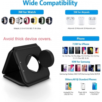Chargeur sans fil 3 en 1 15W magsafe pour smartphone / Airpods et Apple watch - noir