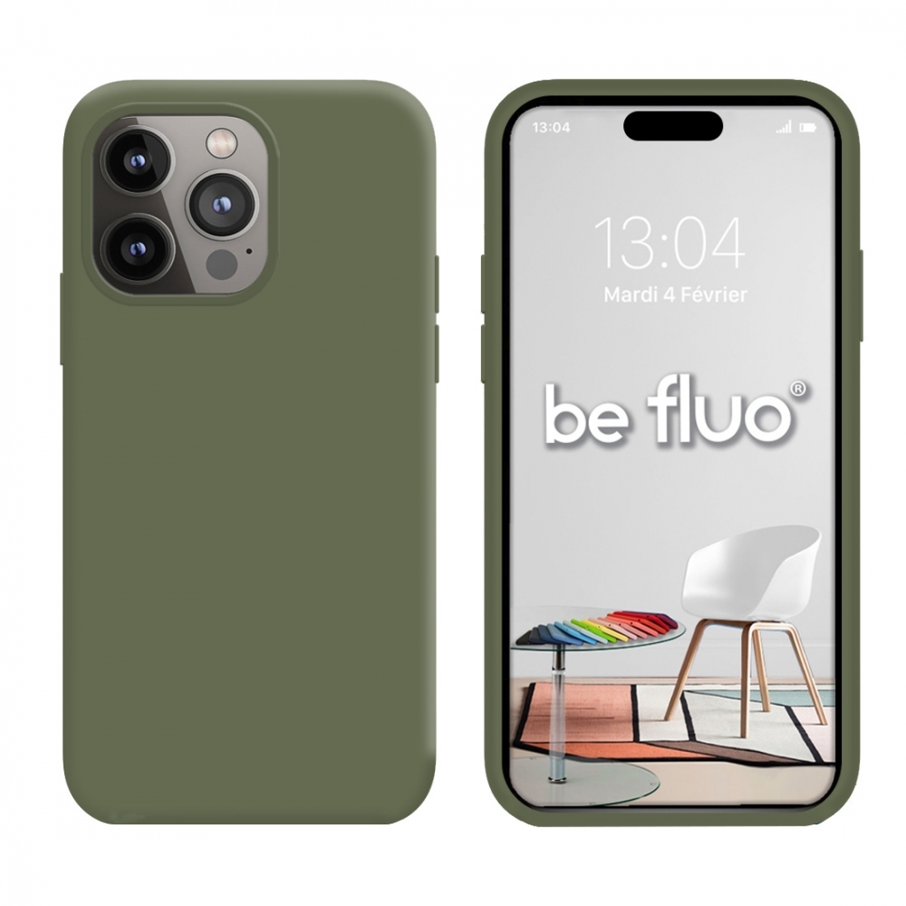 Coque Silicone Moxie BeFluo Fine et Légère pour iPhone 15 Pro Max, Intérieur Microfibre - Kaki