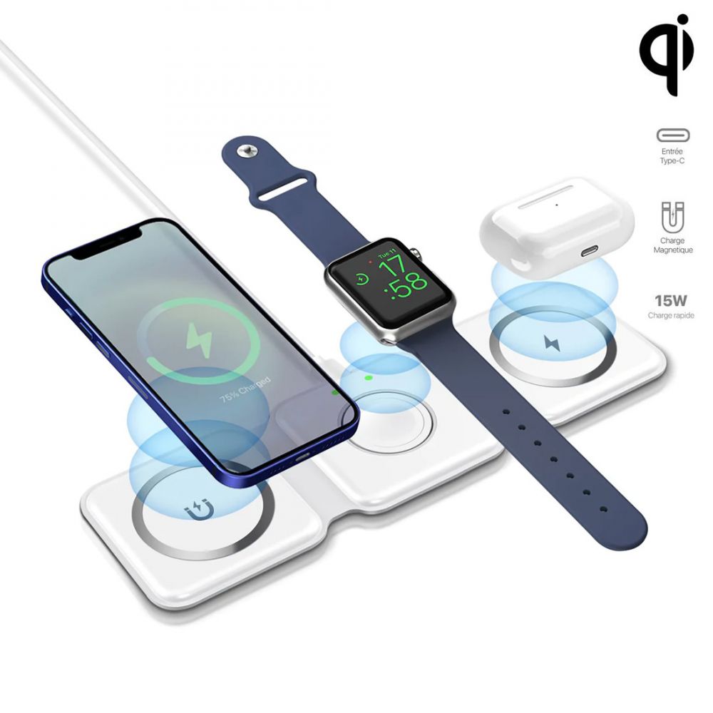 Chargeur sans fil 3 en 1 15W magsafe pour smartphone / Airpods et Apple  watch