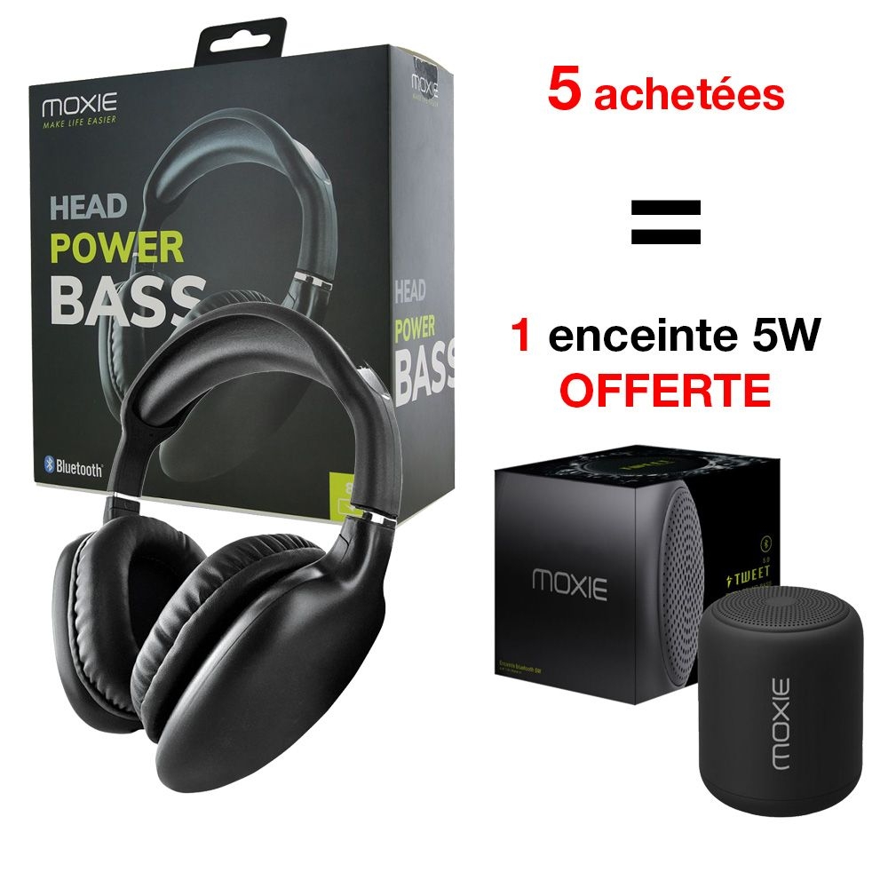 5 Casques Stéreo Bluetooth noir HEAD POWER BASS + 1 enceinte tweet