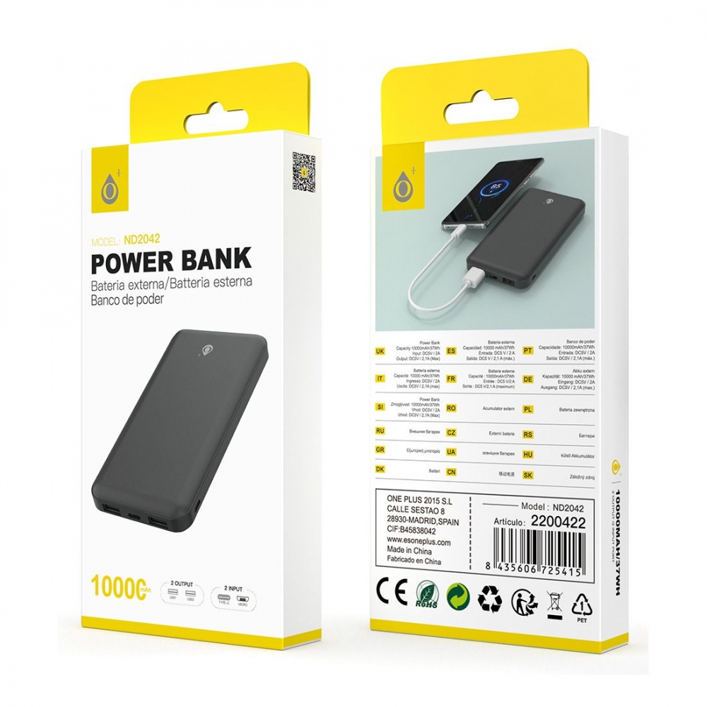 Batterie de secours 10 000mAh - 2 sorties USB-A - ND2042
