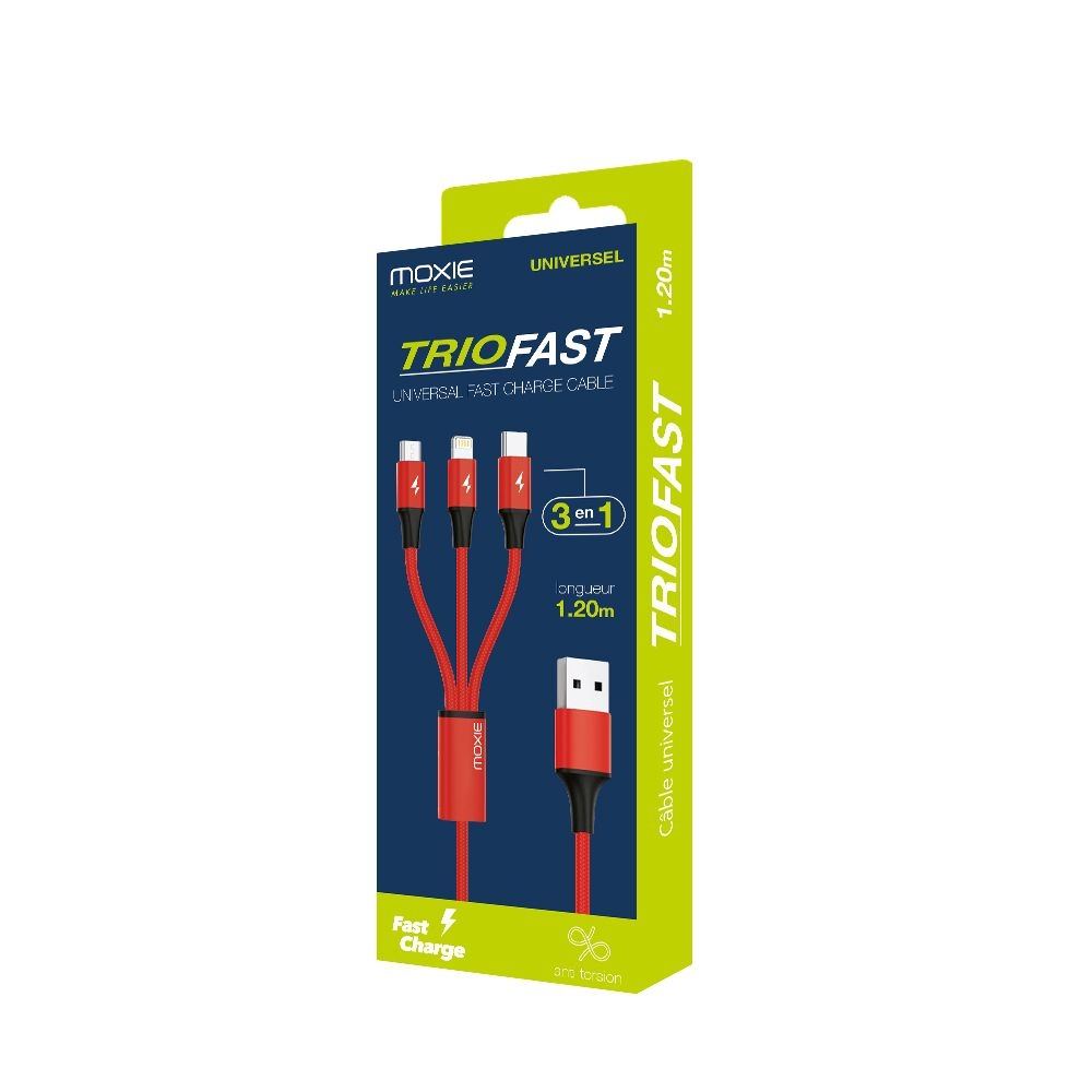 Moxie Câble 3 en 1 Lightning / Micro-USB / USB Type-C 3A 1.2M en Nylon tressé - Rouge