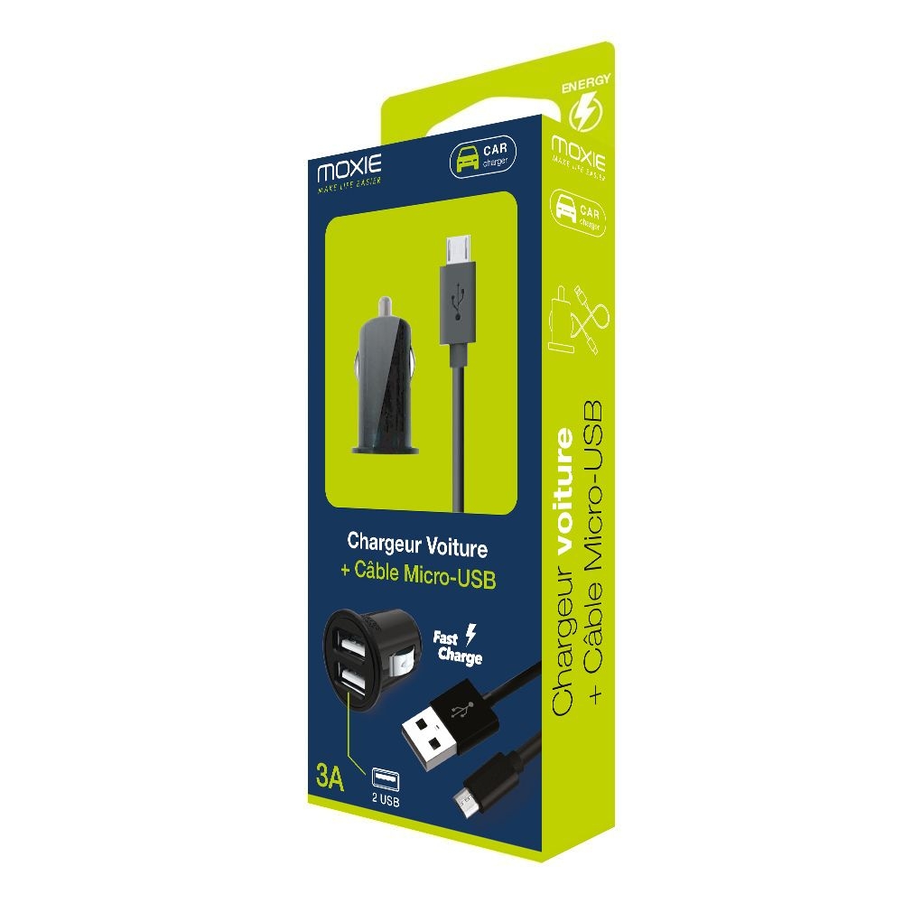Chargeur allume-cigare 2 entrée USB 3A + Câble data Micro-USB Noir