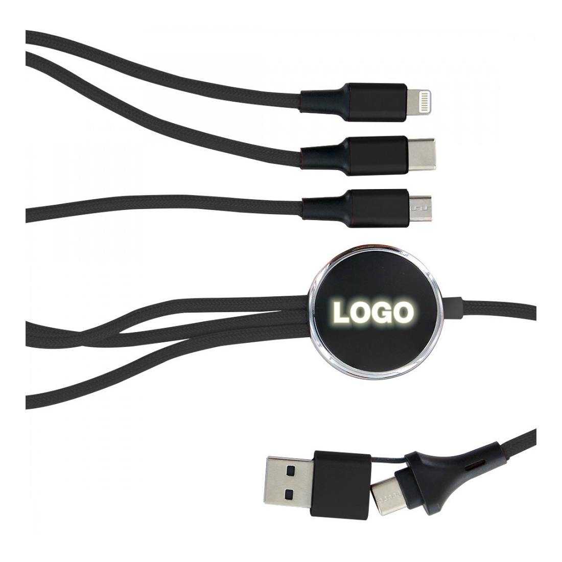 Câble de charge 5 en 1 avec porte logo lumineux à Led rond - Noir