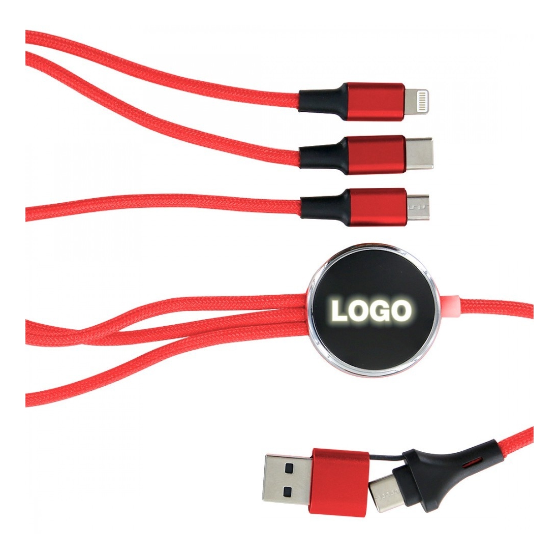 Câble de charge 5 en 1 avec porte logo lumineux à Led rond - Rouge
